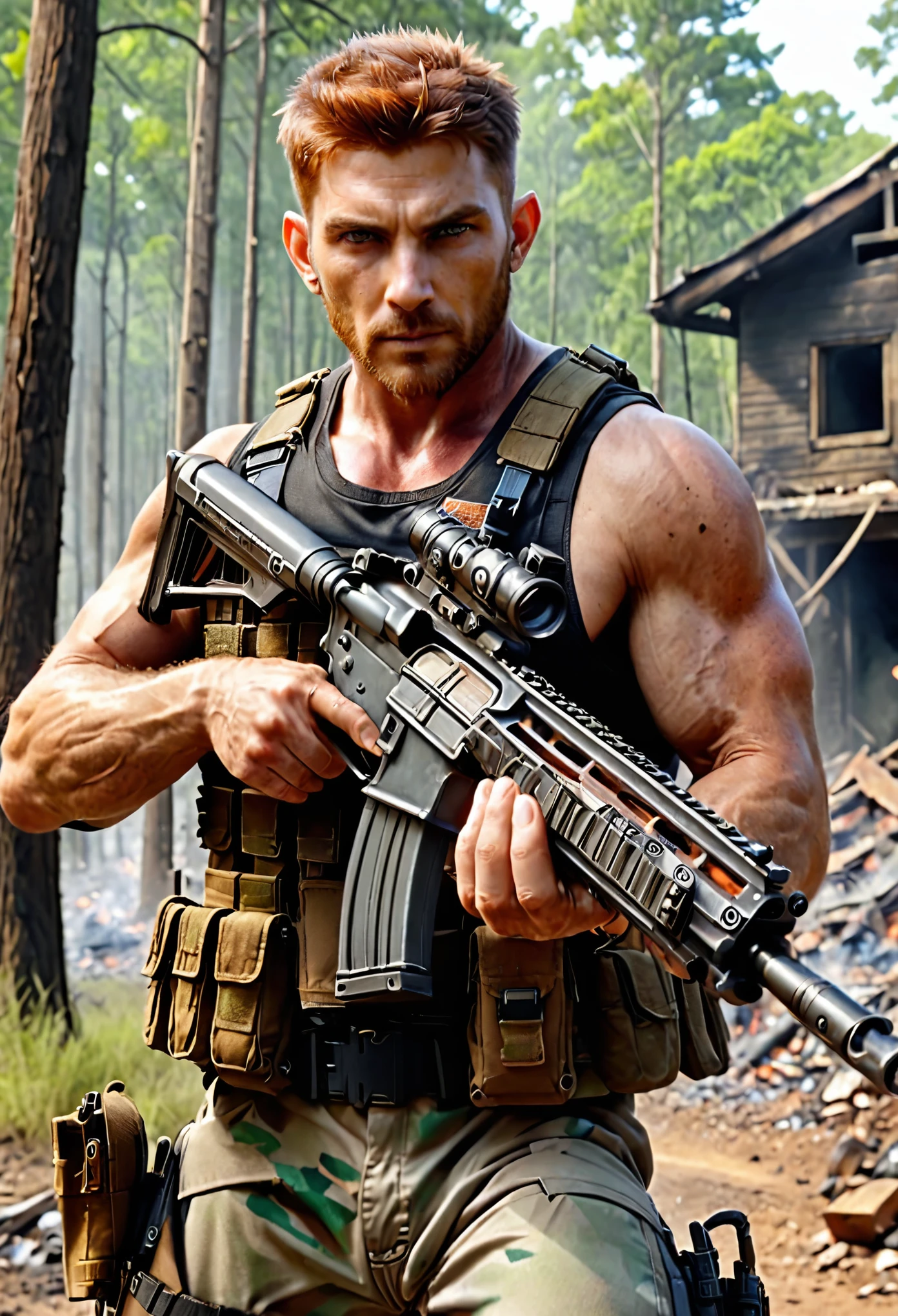 masterpiece, best quality, solo, solo focus, auburn hair, crew cut, dark grey eyes, mercenary, age 45, male focus, using weapon, assault rifle, danger atmosphere, load-bearing vest, ammunition belt, shirt, war zone
