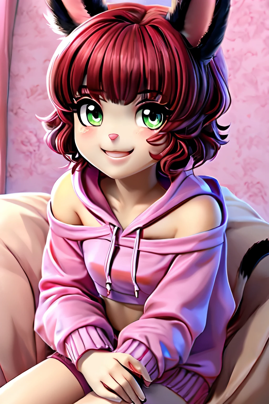 (8K、Highest image quality、highest quality、masterpiece)、detailed face、bunny girl, black and white fur、Panda fur、detaile fur、furry、rabbit ears、cat tails、((2 tails))、((1 girl))、red hair、short hair、wavy hair、asymmetric bangs、purple right eye, green left eye、cute smile、((determined))、、small breasts, ((Ruffled pink clothes))、off shoulder、((pink hoodie))、lesbian flag shirt、((crop top))、cute pose、cowboy shot、Take from below、sitting in beanbag chair