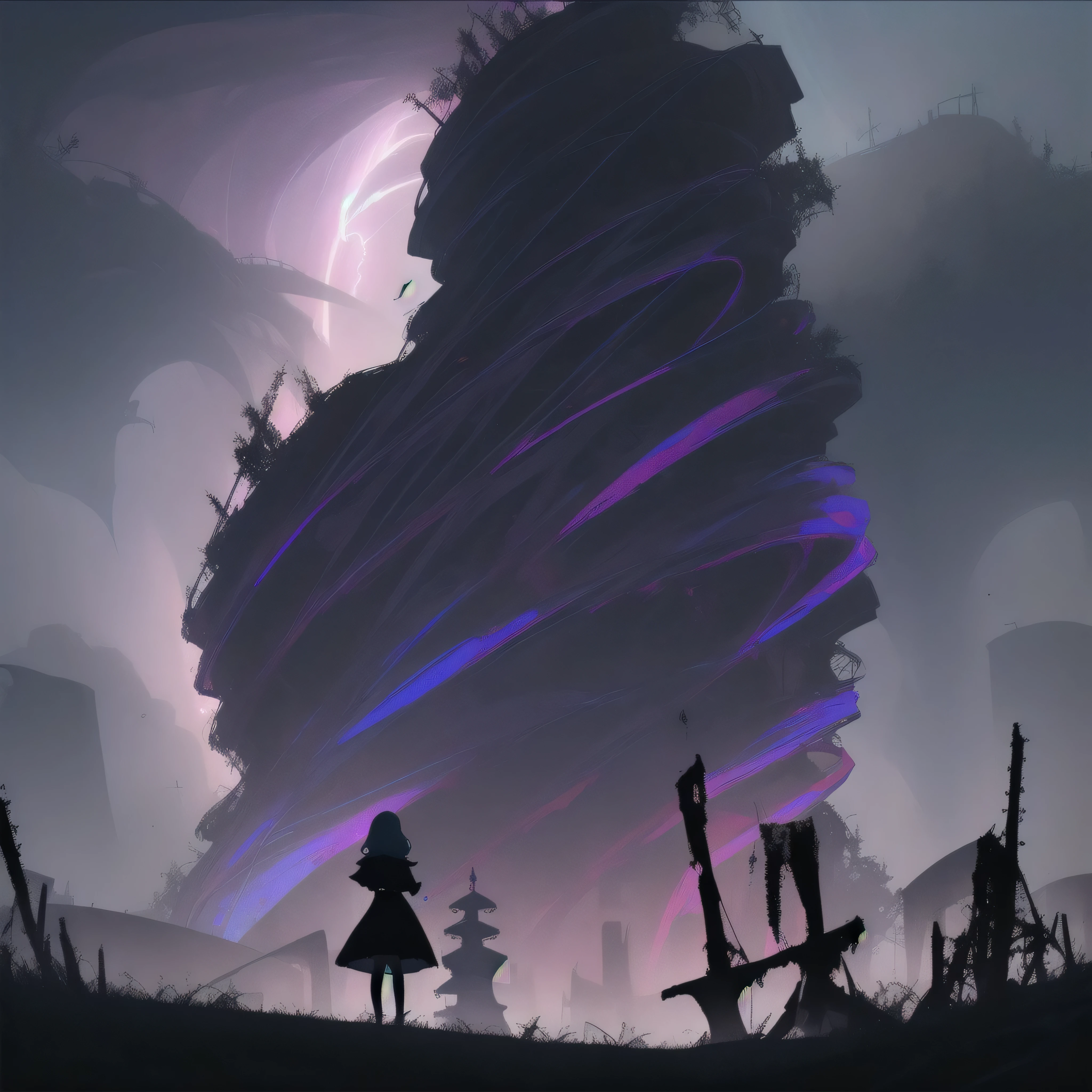 une belle silhouette d'une fille au loin avec des particules de poussière flottantes autour d'elle, debout sans crainte, vue panoramique d'une fille, (Tenir un parapluie:0.8), (fille regardant le spectateur avec une vue impeccable:1.3), (zoomer sur le visage:1.3), (se concentrer sur le visage:1.3), behind her is a whirlwind, derrière elle se trouve un arrière-plan silencieux et atmosphérique rempli de bâtiments et de structures de campagne brisés, (Ruines), (mix the foggy sky:1.3), (mix colors:1.4), (tornado in the background:1.3), (brume:1.3), ((Couleurs sombres)), ((transmettre un sentiment de mystère et d’intensité)), forced witness, (horror theme:1.5), cheveux longs, (buildings and structures on fire:0.8), Lightning, illuminé par la foudre