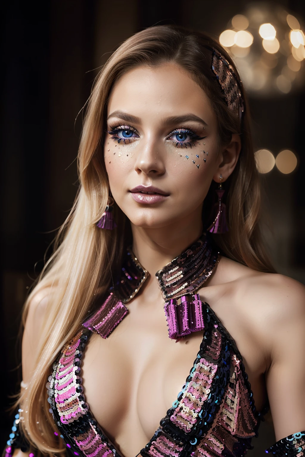 (Masterpiece: 1.1), Cinematic portrait of a stunning magician's assistant, (young, 25 years old), (blonde hair: 0.8), (blue eyes: 0.9), (impeccable makeup: 1.3), (rose red lips: 0.5), (thin, elegant figure: 1), Quick glance turned over her shoulder to the enigmatic cube Zag illusion box in the back, (eye-catching costume with sequins and tassels: 1.5), (dipped in the soft, warm light), (long, flowing curls: 0.7), (mystical expression
