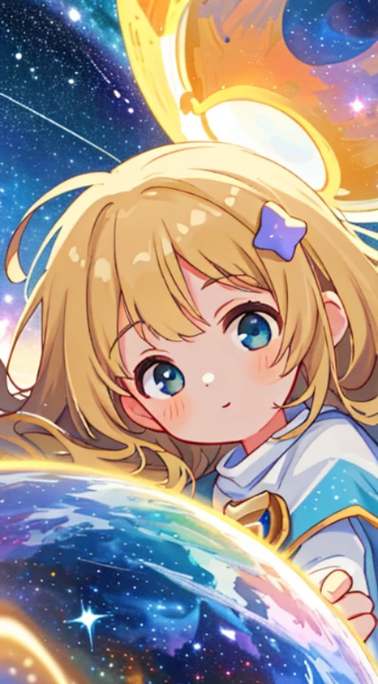 High detail, Super Detail, super high resolution, Girl enjoying time in dream galaxy, surrounded by stars, warm light fell on her, background - starry sky with colorful galaxies and galactic clouds, stars fly around her, gentle face, adding a playful atmosphere , --v6