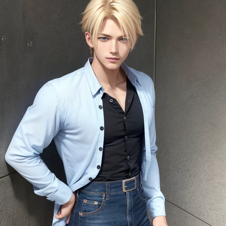 26 year old man, handsome, blue eyes, blond hair, wearing high waist haki jeans, black shirt with buttons, cute smirk, korean, slightly spiky hair
