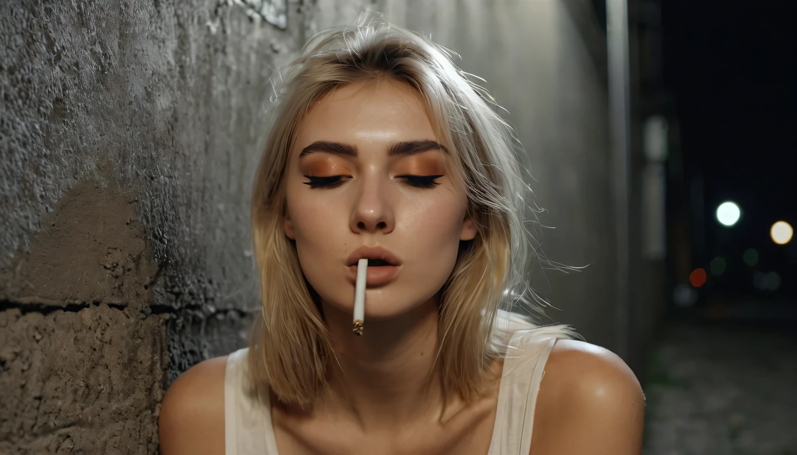 a white woman smoking, gloomy expression, blonde, in a forest setting, no excessive greenery, dry atmosphere, zoom in on the face, ultra realistic.