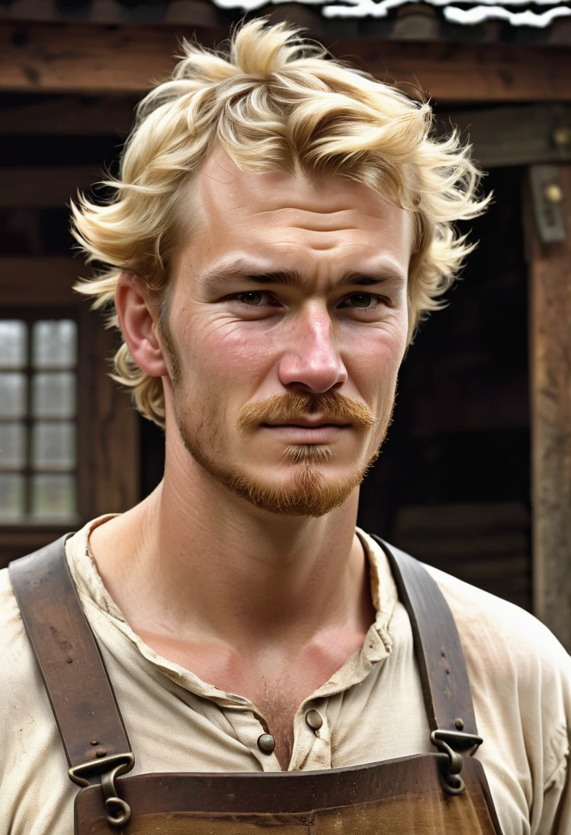 (highly detailed, soft light, photorealistic, dynamic light; cinematic; close up); victorian era; 1820s; 28 years old man; Canadian; 1820s Canadian blacksmith; simple but handsome; manly slim figure; good-natured; thin nose; ruddy weathered skin; clean-shaven; dirty-blond eyebrows; 1820s dirty-blond sideburns; 1820s blacksmith's clothes; short dirty-blond hair in 1820's hairstyle; standing inside 1820s smithy on snowy day; looking at camera
