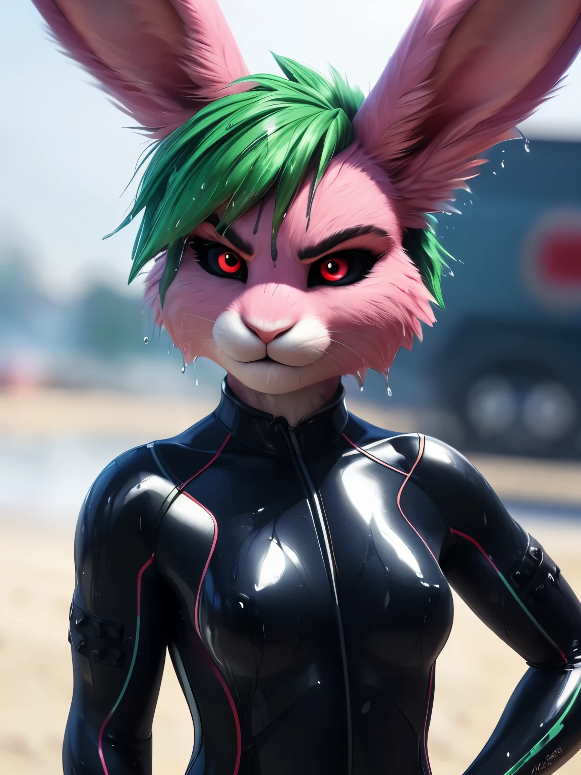 (by pixelsketcher:0.6), (by personalami :0.6),female,rabbit, background, (cinematic lighting:1.1), (perfect focus:1.1), 8k hd, photo, (detailed eyes:1.2),depth of field, bokeh, subsurface scattering, very small breasts, wide ,(neoprene suit, very tight suit), bright colors, (furry detail:1.3), simple background, white background, single color background, photorealistic, ultra realistic,smile,(fluffy:1.3), furry, buff, (realistic fur:1.1), (extreme fur detail:1.2),((Green hair, short hair,punk style hair)),((Pink skin, pink fur)),((rabbit tail)),3d pixar style,(((Black Sclera:1.5, red eyes))),Rabbit ears,Pink bunny ears,((angry, furious)),sexy legs,((wet fur, wet, soaked))