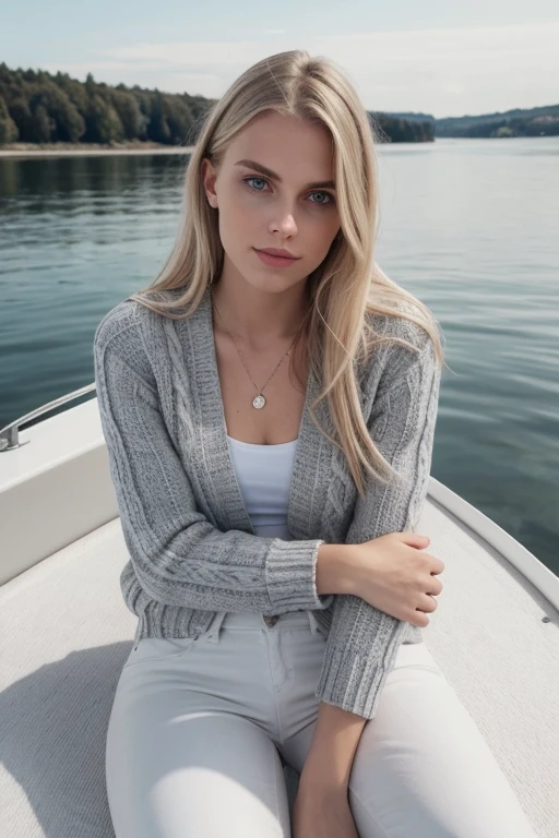 foto de instagram de alta calidad, closeup of a 20 year old scandinavian girl, rubia, sexy, de corta altura, ojos gris avellana, cuerpo recostado boca arriba, white blazer white pants black sweater, en yate con fondo de lago, larger head and short torso,