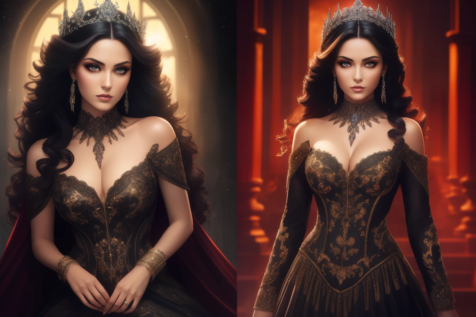 A photorealistic full-body portrait of a seductive and beautiful brunette seductress with devilish features. The seductress has curly hair and captivating blood-colored eyes. She is depicted in a dark fantasy setting, specifically in the depths of hell. The sky above is dark and gloomy, setting a haunting atmosphere. The seductress is adorned in an exotic black and red villain dress, with intricate details and a choker-style collar. The focus of the image should be on capturing the seductress's alluring pose and detailed face. Her expression should exude both allure and danger, reflecting her devilish nature. The lighting should be moody, with shadows adding depth and mystery to the scene. The resolution of the image should be high, allowing for fine details to be showcased."