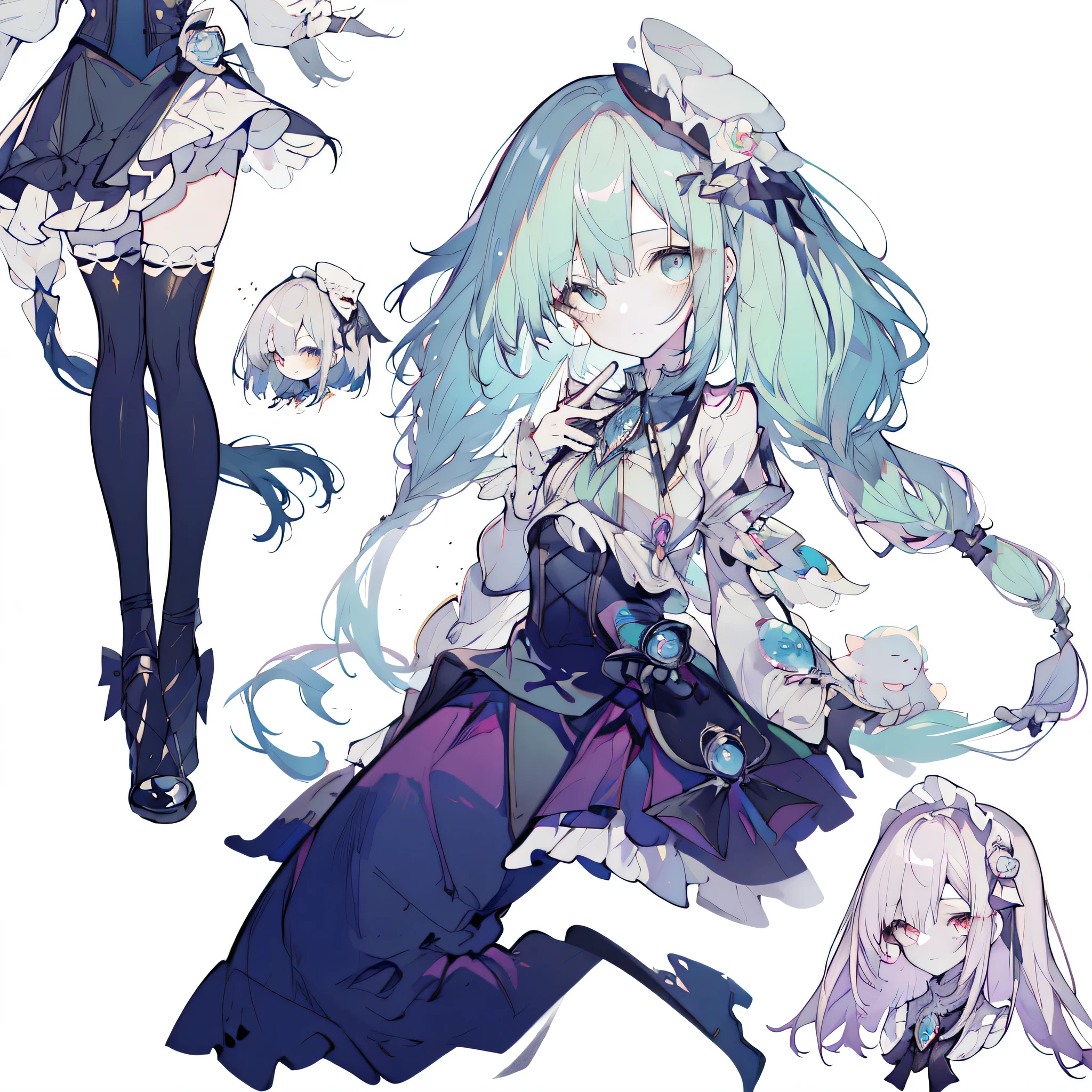 Three views of roles,Character Design,Character Design,Three Views,full body esbian,frontage,side,behind,sett,ta prostitute,so gorgeouaximalism,extreme details,Rococo style,super long hair,intricate accessories,Complex hairstyles,gem,blue hair,