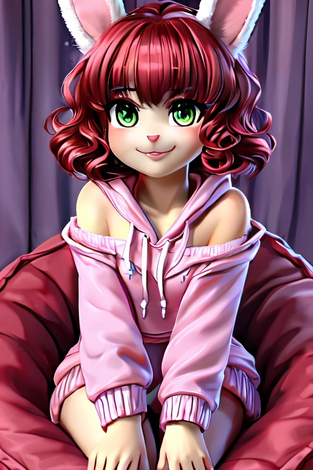 (8K、Highest image quality、highest quality、masterpiece)、detailed face、bunny girl, black and white fur、Panda fur、detailed fur、furry、rabbit ears、cat tails、((2 tails))、((1 girl))、red hair、short hair、wavy hair、asymmetric bangs、purple right eye, green left eye、cute smile、((determined))、、small breasts, ((Ruffled pink clothes))、off shoulder、((pink hoodie))、lesbian flag shirt、((crop top))、cute pose、cowboy shot、Take from below、sitting in beanbag chair
