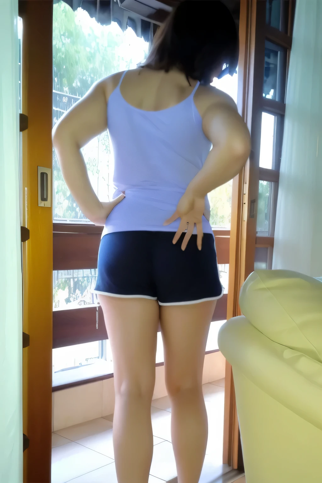 there is a woman standing on a balcony, in a room, in shorts, side photo, thighs!!!!!!, shot from the back, exposed thighs!!!, waist photo, wide shot of full body, photo taken from behind, fit photo, plump thighs, in good physical shape, fitness, high quality photo, high resolution, masterpiece, 8k.