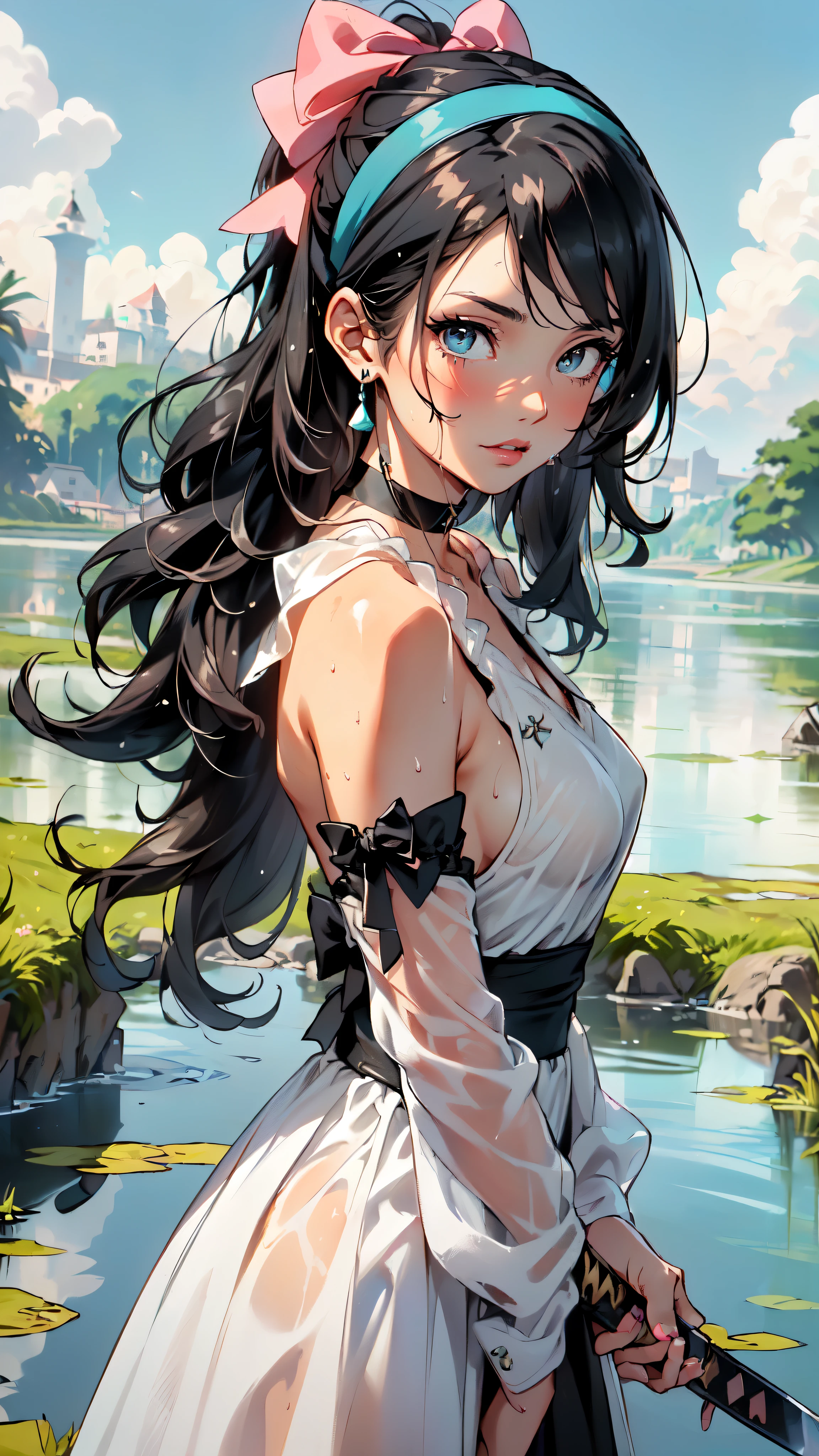 https://sta.sh/01lmshncuqiadetailed illustration,detailed beautiful skin,dewy skin,sweaty skin,perfect ligthing,(front focus),(very_long_legs:0.8),(torn pantyhose:1),(idolmaster shiny colors,Cowboy Shot,topless,straight black hair,absurdly long hair:1.5),((1girl, weapon, long hair, sword, looking at viewer, dress, solo, twintails, water, holding, bow, breasts, white dress, katana, outdoors, very long hair, holding sword, holding weapon, detached sleeves, hairband, from side, silver hair, hair bow, lips, black bow, sheath, bare shoulders, rock, closed mouth, grey eyes, standing, å å°„, sheathed, nose, ripples, white hair, pink nails, realistic, choker, blue eyes, lake, medium breasts, upper body, see-through, jewelry, fingernails, ribbon, makeup, wading, small breasts, black hairband, earrings, bangs, looking to the side, nail polish, red lips, hair ribbon, eyelashes, solo focus, pond, see-through sleeves, lens flare, sunlight, sleeveless dress, black ribbon, expressionless, skirt, sleeveless, glint, grey hair, long sleeves, pink lips, lipstick, halterneck, sky, shadow, blush, ponytail, black choker, partially submerged, sun, night, parted lips, ocean, blurry, day, artist name, sash, parted bangs, shiny, pale skin, arm at side, grass, scabbard, hair ornament, shiny skin, mascara, wet, sideboob, pillarboxed)), detailed eyes, detailed face, detailed hands
