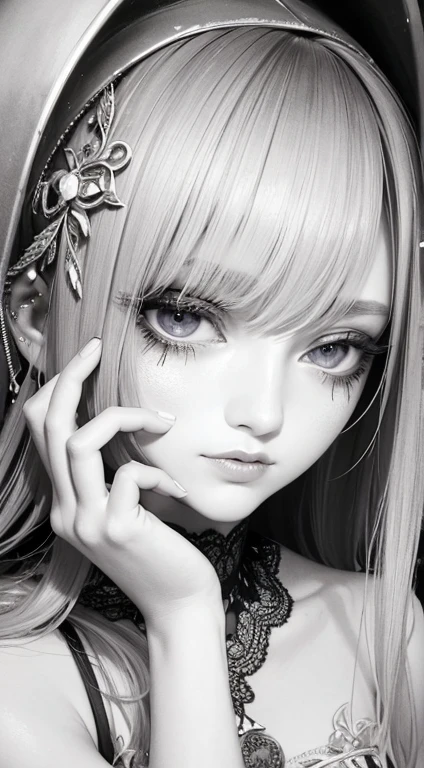 Watercolor art, Accurate and delicate line drawing, femele, monochromes, Beautiful and delicate, art by, The 8k quality, masutepiece, Fantastical, up of face, Beautiful skins, long lashes, Double eyelids, big eye, hightquality, Detailed eyes, tthin eyebrows, Put your hands on your face,