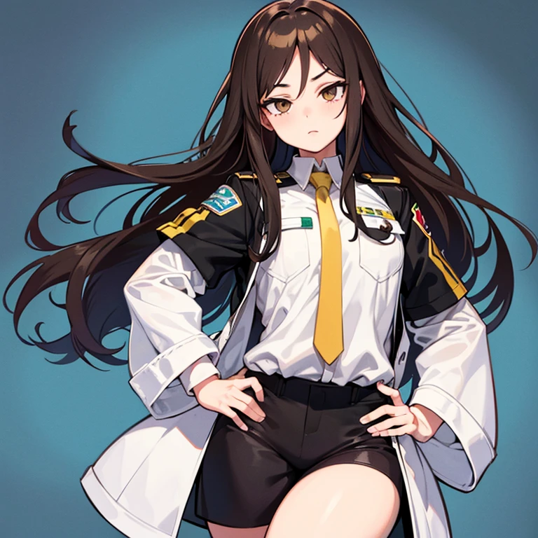 estilo: My hero academia 
color de ojo:dorado
cabello:long brown with skin-colored bangs:blanca
joven mujer
cuerpo completo 
blanco y negro
uniforme 