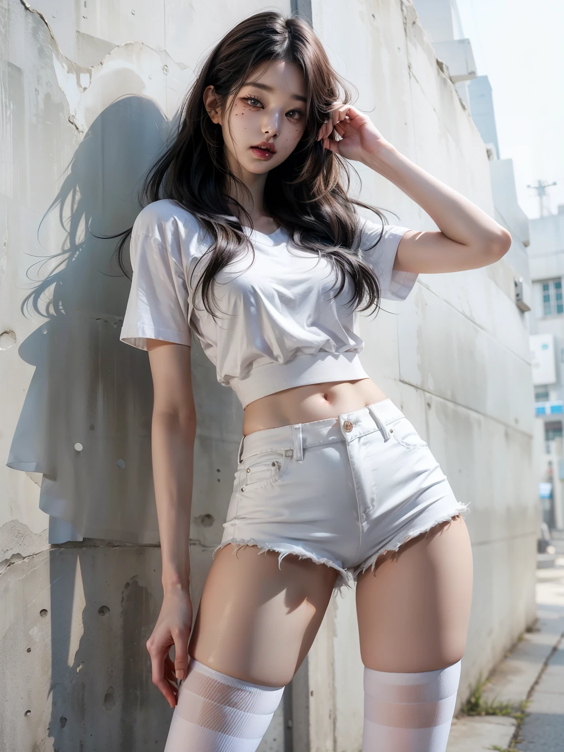 Realistic, high resolution, 1 girl, white wavy hair, Korean, heterochromic eyes, small moles under the eyes, loose white shirt, skinny denim shorts, big breasts, thin thighs, black stockings beautiful legs