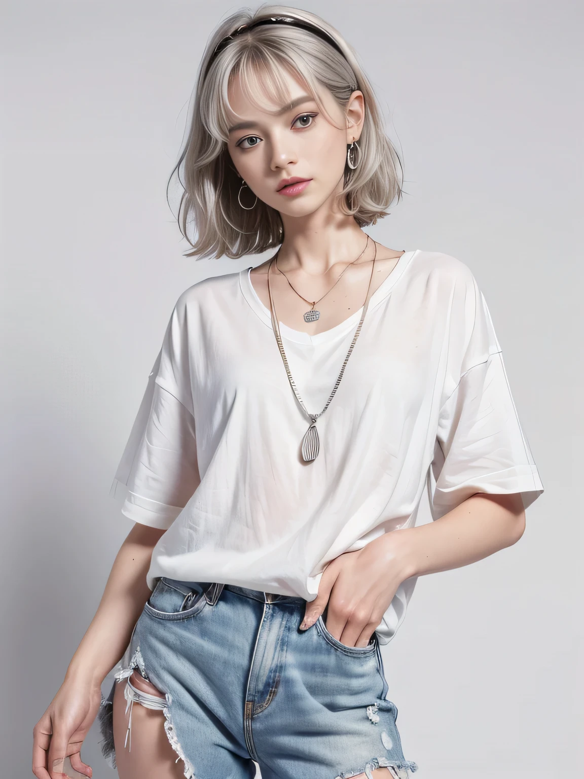 (8K, highest quality, High resolution, masterpiece :1.3), (white background), stylish, hisense, fashion, The contour is the length of the surface, eyes are long, (freckles), wavy silver short hair, hair band, Red oversized clothing, baggy clothes, Upper body, necklace, earrings, graphic design, take a pose,