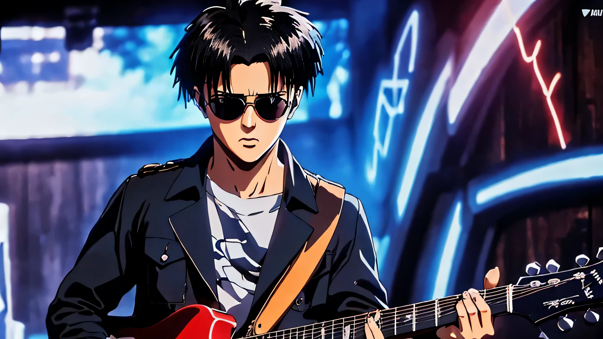 Draw a scene in high definition anime style (Full HD) which depicts a character with black Mohican-style hair playing a red electric guitar in a style similar to the game "Guitar Hero". O personagem, wearing sunglasses, must be in a dynamic and exciting pose, with your eyes focused on the screen in front of you. The surrounding scenery should be vibrant and full of energy, with flashy visual effects to represent the intensity of the music. The character must be immersed in the music, displaying expressions of concentration and emotion while mastering the notes. Os espectadores, se houver, podem ser mostrados brevemente nas laterais, reacting to the performance with enthusiasm. The overall atmosphere should convey the excitement and fun of the moment, com um fundo que remeta ao estilo cyberpunk, com elementos futuristas e neon destacados.
