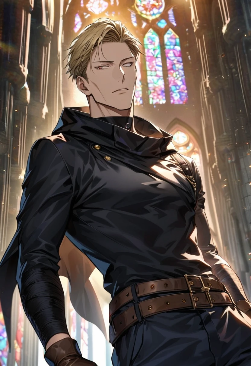 HDR, Ultra detailed, absurdres, Highres, Nanami Kento, blonde hair, brown eyes, Jujutsu Kaisen, a black very short tube top that the left side of it is attached to the belt-like strap wrapped on his neck, he wears a short hoodie which has a black-colored hood instead, he also wears a pair of brown gloves (with the left side has a cuff) and black armwraps, handsome, 1 man only, church, stained glass, black cape