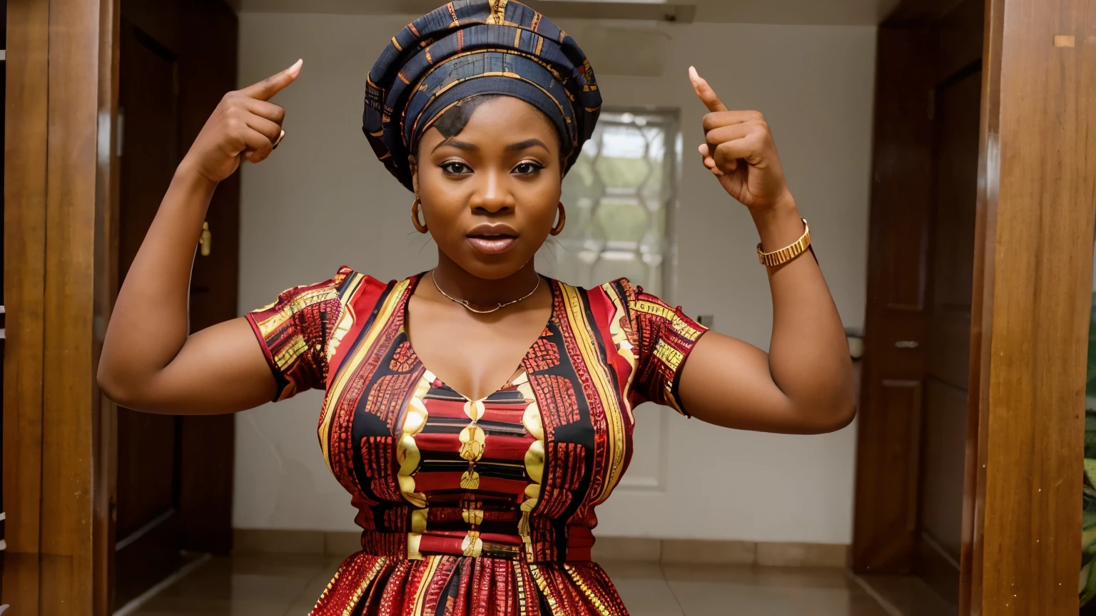 An image of a Nigerian lady wearing Igbo attire, she is wearing Igbo house wears, she is angry and pointing fingers and an Igbo man standing