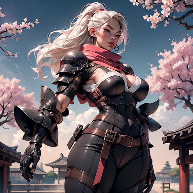 PERFECT MASTERPIECE, EXTREMELY DETAILED CG UNITY 8K UHD QUALITY RESOLUTION, RAW PHOTO, AWARD-WINNING PORTRAIT, OFFICIAL ART, PROFESSIONAL CINEMATIC LIGHTING, ULTRA HYPER-REALISTIC, ULTRA HYPER-DETAILED, SHINY REALISTIC SKIN, RAY TRACING, The most beautiful and sexy ninja warrior princess, very long platinum white hair, vibrant moonlight eyes, long detailed eyelashes, blushing, full pouting pink lips, curvy body type, full hips, super huge enormously gigantic , cleavage showing, gigantic bursting out of her shirt, wearing highly detailed ninja battle armor lots of straps buckles zippers with long scarf blowing in the wind, tons of tattoos and piercings, arching her back in a sexy seductive slutty pose, looking at the viewer, full body portrait, close up pov camera view from below, sexy seductive slutty facial expression, cherry blossoms blowing in the wind, feudal Japan background
