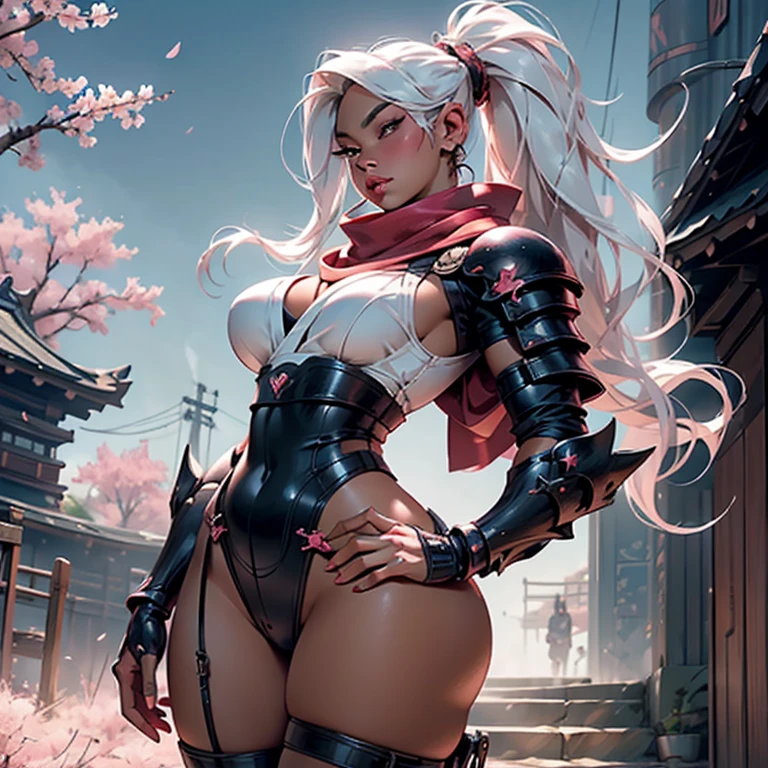PERFECT MASTERPIECE, EXTREMELY DETAILED CG UNITY 8K UHD QUALITY RESOLUTION, RAW PHOTO, AWARD-WINNING PORTRAIT, OFFICIAL ART, PROFESSIONAL CINEMATIC LIGHTING, ULTRA HYPER-REALISTIC, ULTRA HYPER-DETAILED, SHINY REALISTIC SKIN, RAY TRACING, The most beautiful and sexy ninja warrior princess, very long platinum white hair, vibrant moonlight eyes, long detailed eyelashes, blushing, full pouting pink lips, curvy body type, full hips, super huge enormously gigantic , cleavage showing, gigantic bursting out of her shirt, wearing highly detailed ninja battle armor lots of straps buckles zippers with long scarf blowing in the wind, tons of tattoos and piercings, arching her back in a sexy seductive slutty pose, looking at the viewer, full body portrait, close up pov camera view from below, sexy seductive slutty facial expression, cherry blossoms blowing in the wind, feudal Japan background