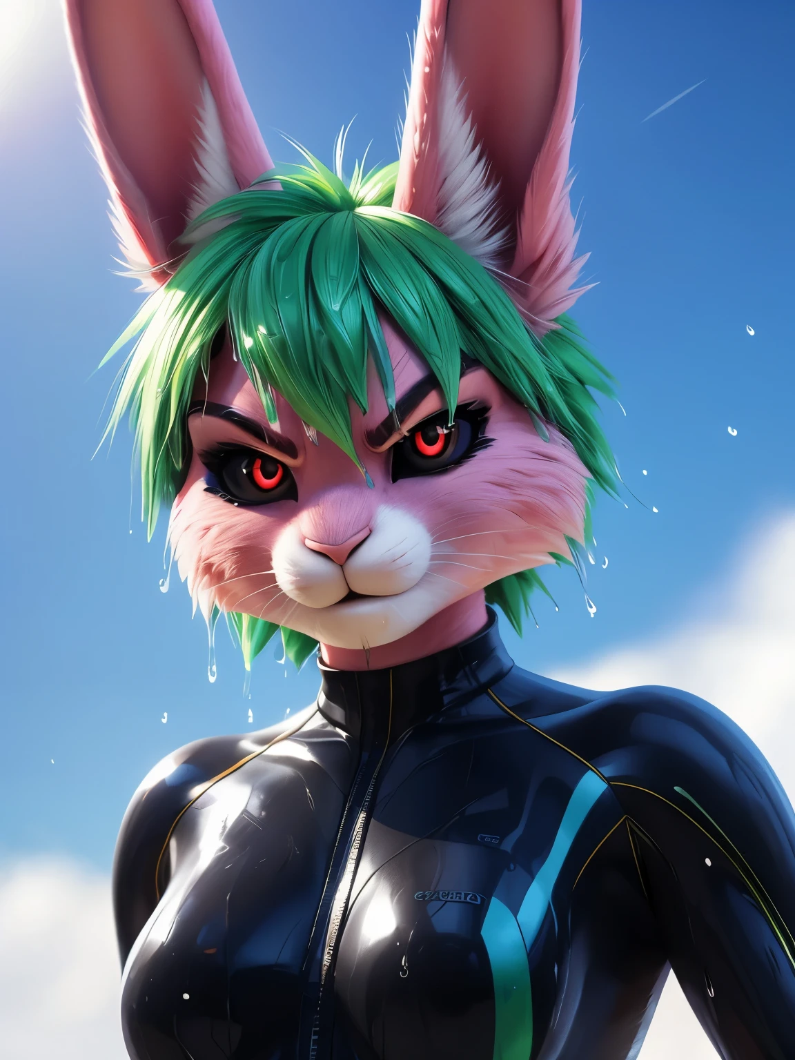(by pixelsketcher:0.6), (by personalami :0.6),female,rabbit, background, (cinematic lighting:1.1), (perfect focus:1.1), 8k hd, photo, (detailed eyes:1.2),depth of field, bokeh, subsurface scattering, very small breasts, wide ,(neoprene suit, very tight suit), bright colors, (furry detail:1.3), simple background, white background, single color background, photorealistic, ultra realistic,smile,(fluffy:1.3), furry, buff, (realistic fur:1.1), (extreme fur detail:1.2),((Green hair, short hair,punk style hair)),((Pink skin, pink fur)),((rabbit tail)),3d pixar style,(((Black Sclera:1.5, red eyes))),Rabbit ears,Pink bunny ears,((angry, furious)),sexy legs,((wet fur, wet, soaked))