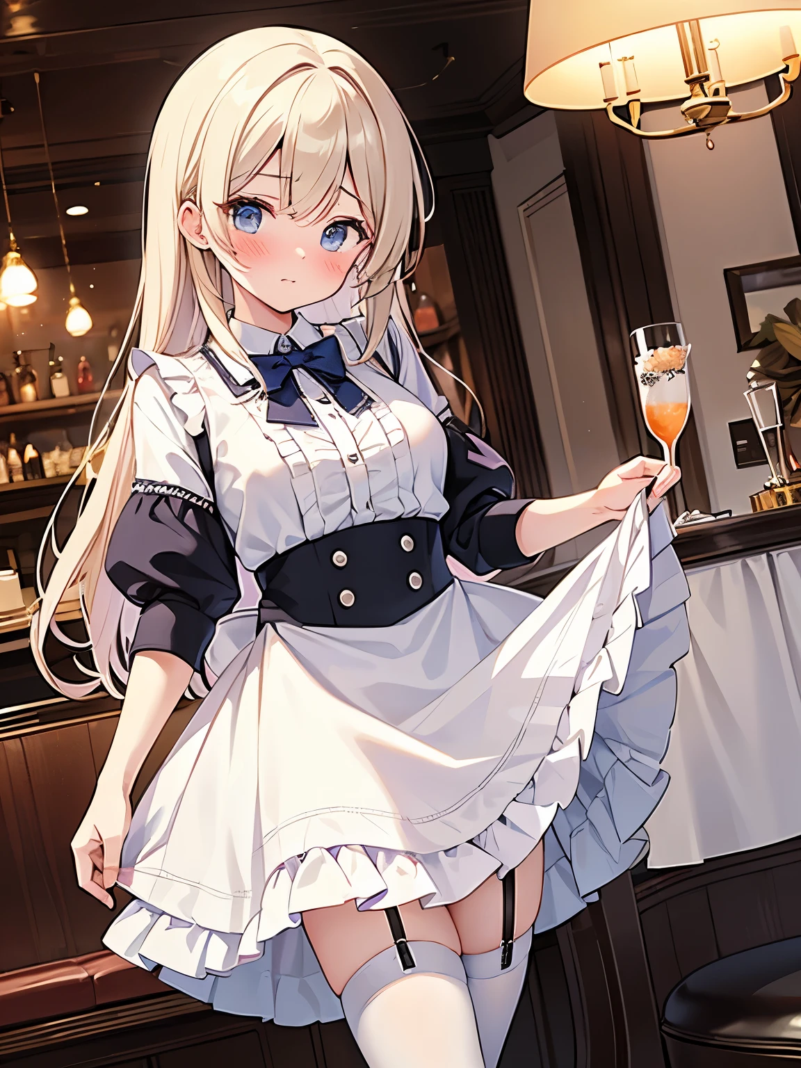 ranger \(kancolle\), 1girl, solo, thighhighs, blue necktie, necktie, black thighhighs, cup, holding, shirt, skirt, holding cup, white shirt, breasts, short sleeves, blush, bar \(place\), suspenders, gloves, looking at viewer, drinking glass, closed mouth, smile, white gloves, suspender skirt, feet out of frame, alcohol, dress, bottle, bangs, large breasts, original, intricate detail, illustration, masterpiece, extremely detailed CG unity 8k wallpaper, highlight, sharpening, dynamic, <lora:Ranger-8:0.8>,
