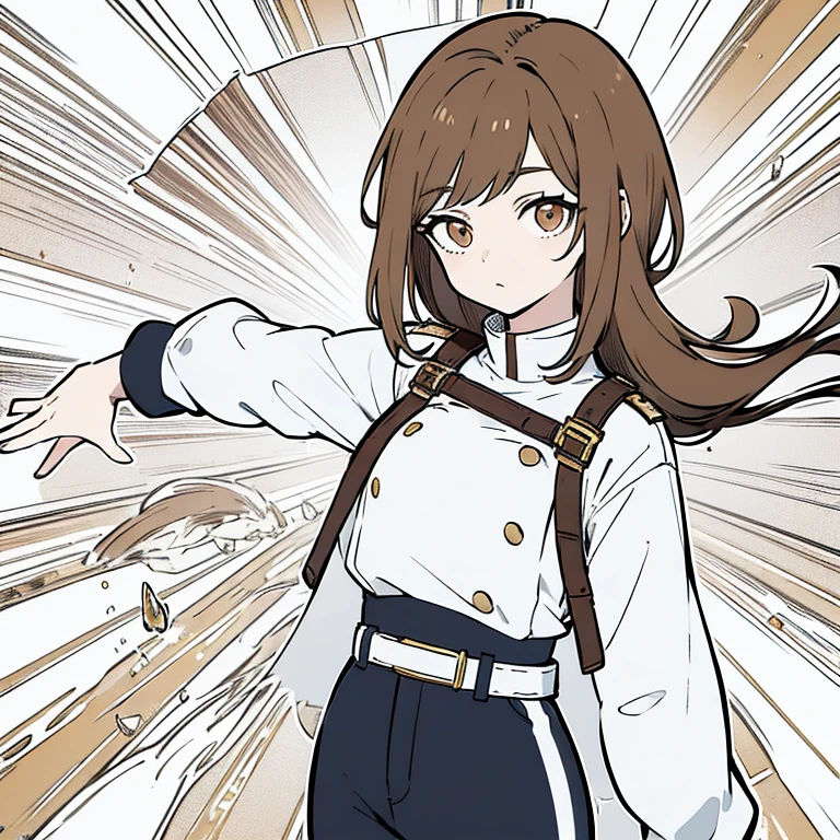 estilo: My hero academia
color de ojo:dorado
cabello:long brown with skin-colored bangs:blanca
joven mujer
cuerpo completo
uniforme