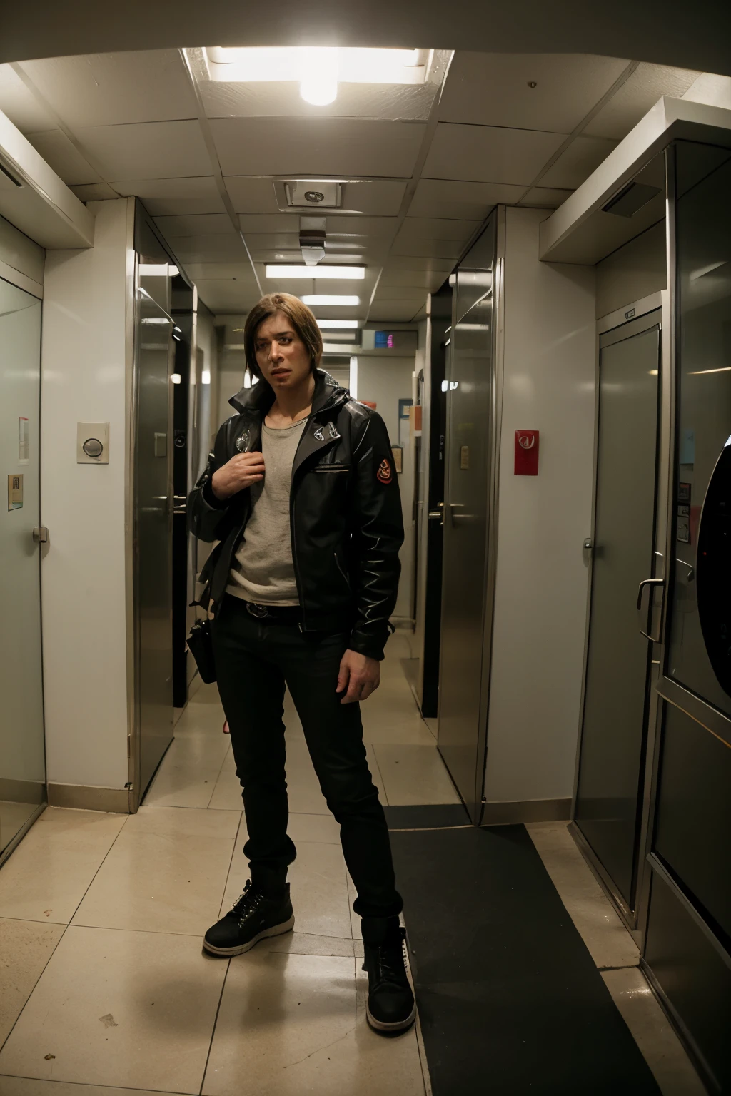Leon Kennedy from Resident Evil version and with Play Station 2 graphics posing in an elevator to the camera with fisheye filter