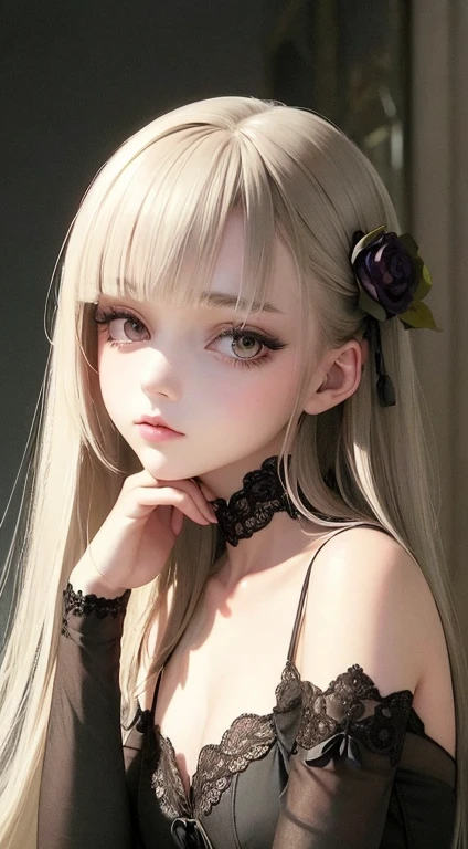 Watercolor art, Accurate and delicate line drawing, femele,, Beautiful and delicate, art by, The 8k quality, masutepiece, Fantastical,  Beautiful skins, long lashes, Double eyelids, big eye, hightquality, Detailed eyes, tthin eyebrows, Put your hands on your face, black  dress victorian gothic  style 