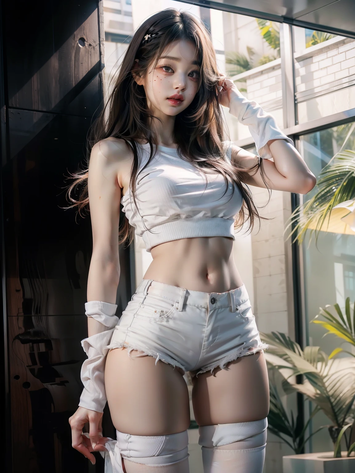 Realistic, high resolution, 1 girl, white wavy hair, Korean, heterochromic eyes, small moles under the eyes, loose white shirt, skinny denim shorts, big breasts, thin thighs, black stockings beautiful legs