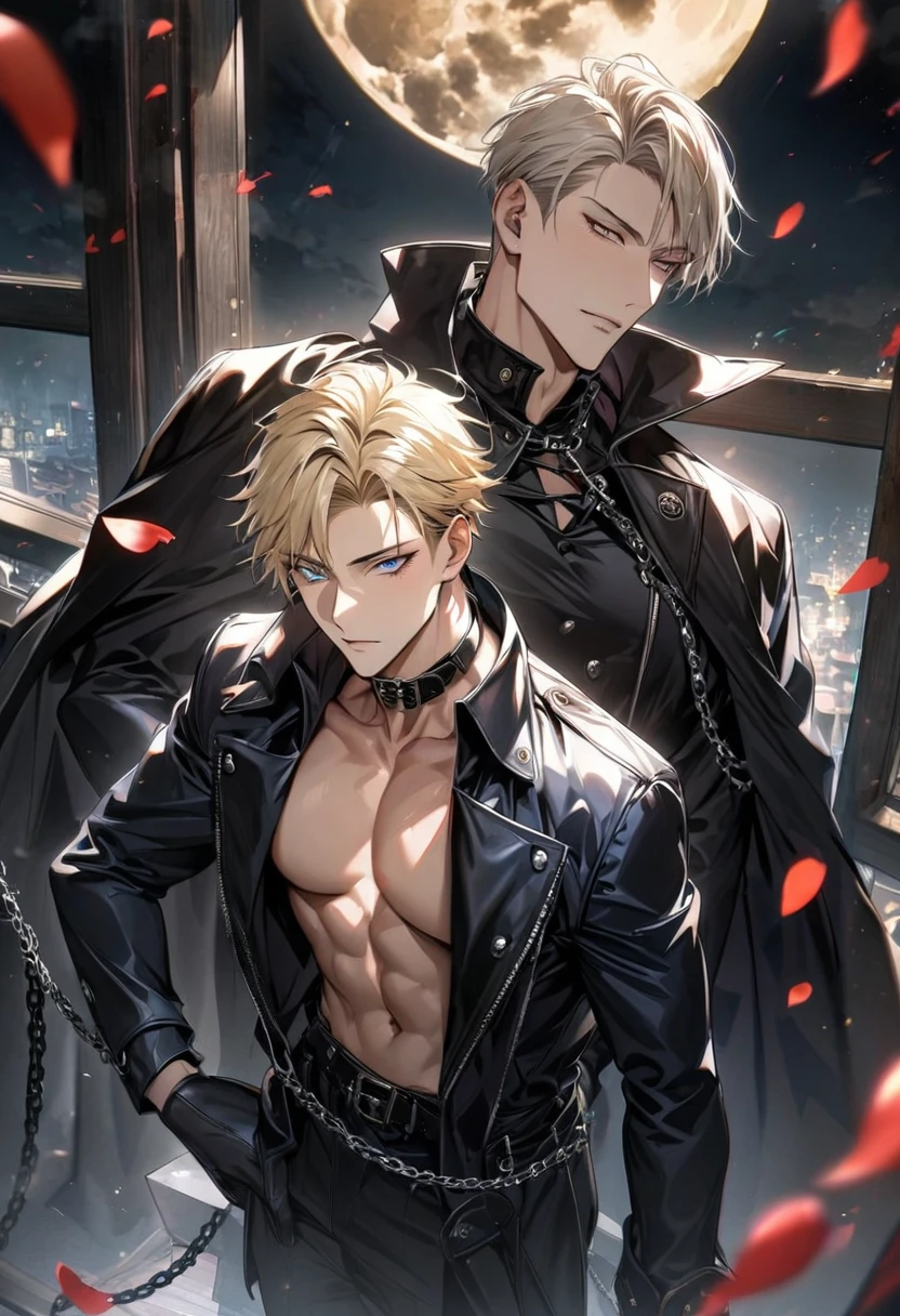 absurdres, highres, ultra detailed, HDR, master piece, best quality, Nanami Kento, blond hair, vibrant brown eyes, Gojo Satoru, white hair with bangs, hair between the eyes, white eyelashes, vibrant blue eyes, 2 gay men together, handsome, black leather coat, bare chest, belt across his chest, black collar, black gloves, chains, cape, moon, petals, window, jujutsu kaisen