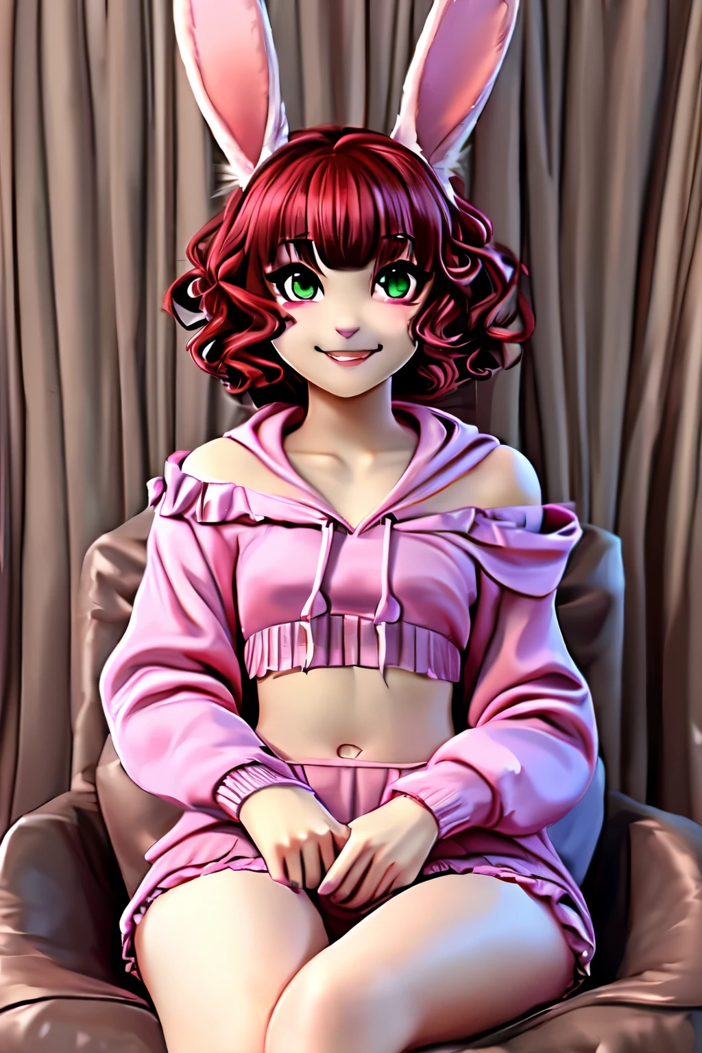 (8K、Highest image quality、highest quality、masterpiece)、detailed face、bunny girl, black and white fur、Panda fur、detailed fur、furry、rabbit ears、cat tails、((2 tails))、((1 girl))、red hair、short hair、wavy hair、asymmetric bangs、purple right eye, green left eye、cute smile、((determined))、、small breasts, ((Ruffled pink clothes))、off shoulder、((pink hoodie))、lesbian flag shirt、((crop top))、cute pose、cowboy shot、Take from below、sitting in beanbag chair