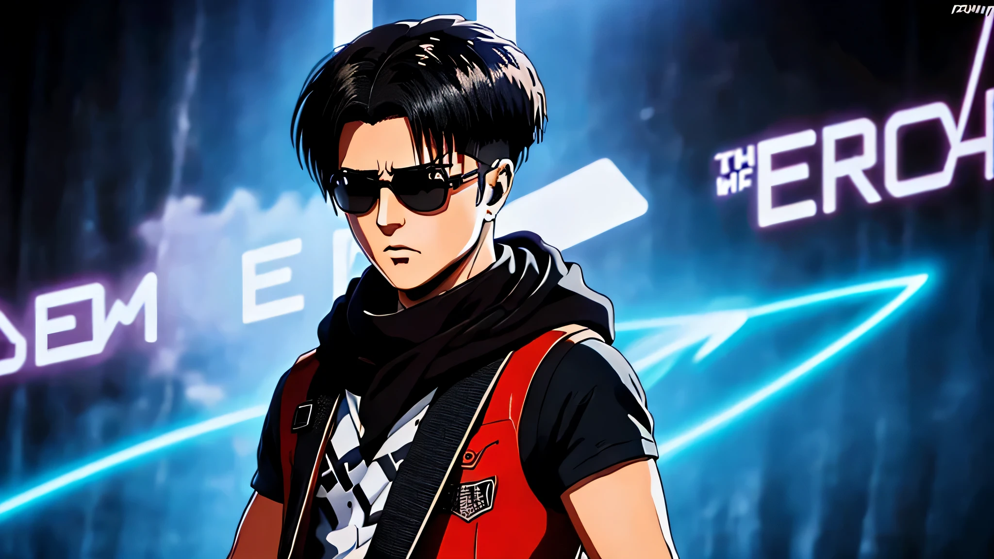 Draw a scene in high definition anime style (Full HD) which depicts a character with black Mohican-style hair playing a red electric guitar in a style similar to the game "Guitar Hero". O personagem, wearing sunglasses, must be in a dynamic and exciting pose, with your eyes focused on the screen in front of you. The surrounding scenery should be vibrant and full of energy, with flashy visual effects to represent the intensity of the music. The character must be immersed in the music, displaying expressions of concentration and emotion while mastering the notes. Os espectadores, se houver, podem ser mostrados brevemente nas laterais, reacting to the performance with enthusiasm. The overall atmosphere should convey the excitement and fun of the moment, com um fundo que remeta ao estilo cyberpunk, com elementos futuristas e neon destacados.
