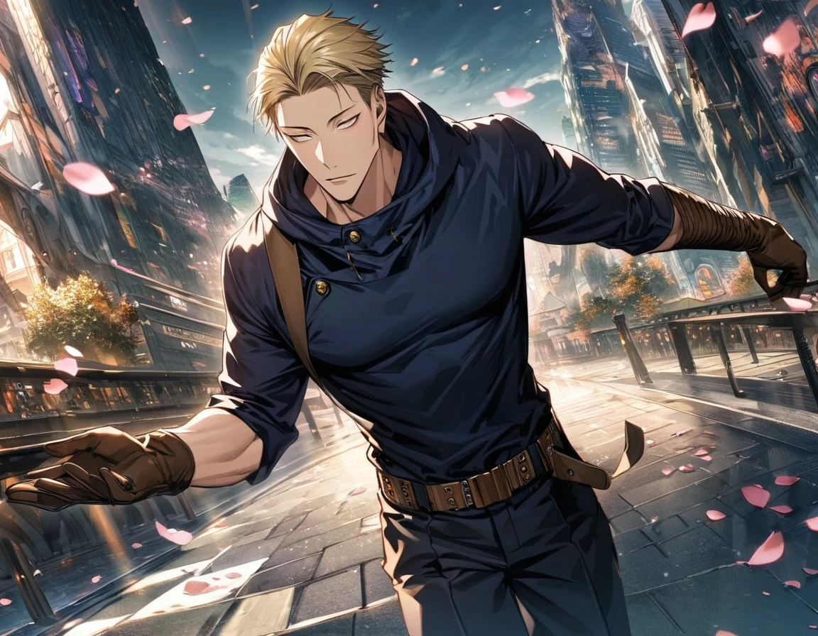 HDR, Ultra detailed, absurdres, Highres, Nanami Kento, blonde hair, brown eyes, Jujutsu Kaisen, a black very short tube top that the left side of it is attached to the belt-like strap wrapped on his neck, he wears a short hoodie which has a black-colored hood instead, he also wears a pair of brown gloves (with the left side has a cuff) and black armwraps, handsome, 1 man only, petals, magical city