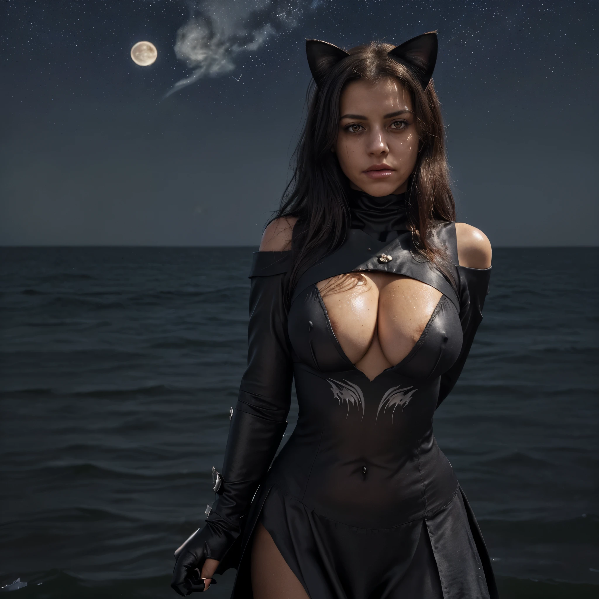Eta Amaya. She is a woman with features that resemble both a human and a cat.. She has cat ears and is dressed in dark clothes with a cross printed on the front of her blouse.. Your hair is short and dark like the darkness of darkness, his eyes have a color that appears to be amber that shines like the sun's rays after being reflected by the water. The clothing covers your neck and extends to your upper torso, a slightly tight blouse covering your entire bust and chest., blusa sem mangas com aberturas do ombro ate sua costela deixando sua pele clara amostra. she wears black gauntlets that go from her wrists to her shoulder. the expression she emits in the image is in a somewhat mysterious way. the background combined with its presence with some gray shadows to add depth, leaving the image beautiful and artistic, as well as some electric beams around it and in the background the moon illuminating the starry sky.