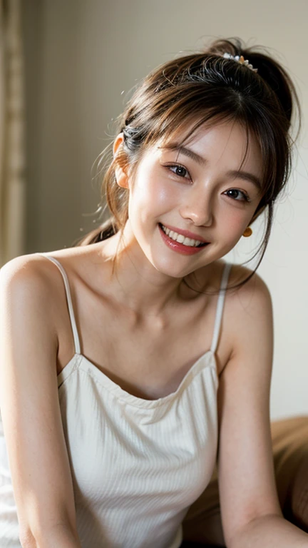 highest quality, masterpiece, ultra high resolution, (realistic:1.4), 20-year-old,1 girl,super high quality,8K,thin waist,thin legs,薄い and beautiful arms,beautiful fingers,((Super realistic image quality)),(no makeup),(light makeup),Medium chest,soft chest,(((Thin, short, tight camisole))、((low rise))),The camisole is short、 ,,beautiful breasts,((Shoulder-length ponytail)),,realistic,picture media chest)),((toothy smile)),((big smile))、bedroom、(Lie)