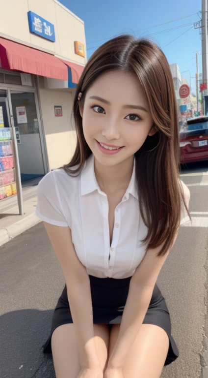 1girl,(Best quality at best, tmasterpiece:1.2), super high separation rate, actual, Frontlighting, Complicated details, Exquisitedetailsandtextures, (with sparkling eyes and a contagious smile),cute Face highlights, Best Quality, masutepiece, beautiful mature women、Beautiful face、Strong-minded woman、Office Suits、brown haired、Brown-eyed、Longhaire、Undersized eyes、Full body like、In front of a convenience store、outside of house、Eating popsicles,her thin pubic hair, looking at viewer,