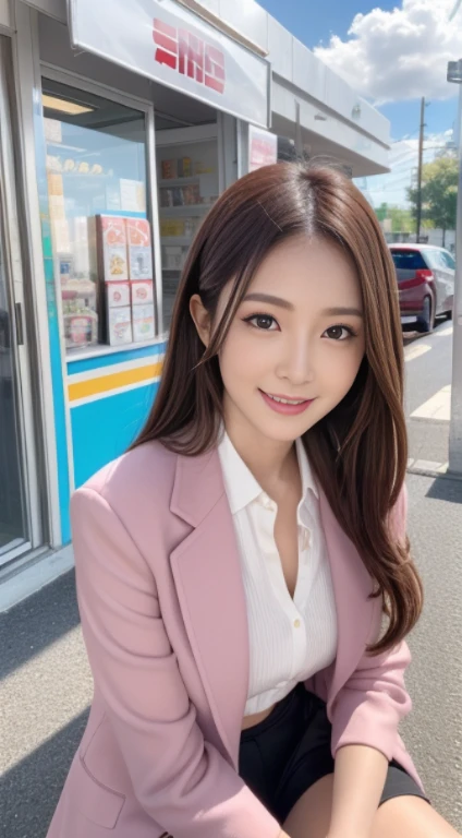 1girl,(Best quality at best, tmasterpiece:1.2), super high separation rate, actual, Frontlighting, Complicated details, Exquisitedetailsandtextures, (with sparkling eyes and a contagious smile),cute Face highlights, Best Quality, masutepiece, beautiful mature women、Beautiful face、Strong-minded woman、Office Suits、brown haired、Brown-eyed、Longhaire、Undersized eyes、Full body like、In front of a convenience store、outside of house、Eating popsicles,her thin pubic hair, looking at viewer,

