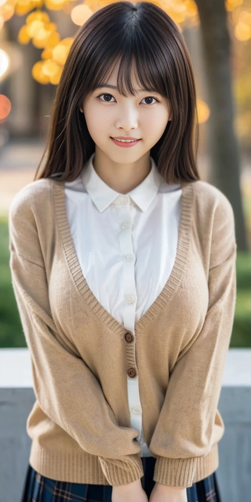 table top, highest quality, 8K, , Ten generations, Raw photo, absurd, award-winning portraits, smile, alone, idol face, delicate girl, Upper body, Digital single-lens reflex camera, looking at the viewer, Frank, Sophisticated, thin arms, professional lighting, film grain, chromatic aberration, (Eye and face details:1.0), (Bokeh:1.1) , (Autumn leaves in the background、A backlight that reflects sunlight and sparkles, Creates a beautiful silhouette....:1.2) , close your mouth , ((A beige cardigan that fits snugly against the skin))、plaid pleated skirt、black haired , (huge breasts:1.4)、(beautiful girl:1.2)、(very cute:1.2)、from head to thighs