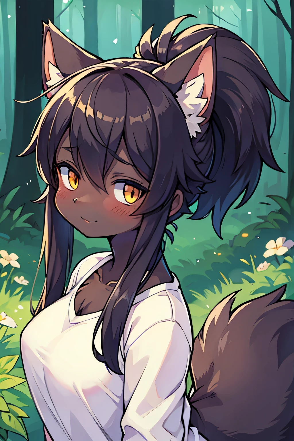 Beautiful girl, forest, cat beast, ponytail, dark skin, sexy,