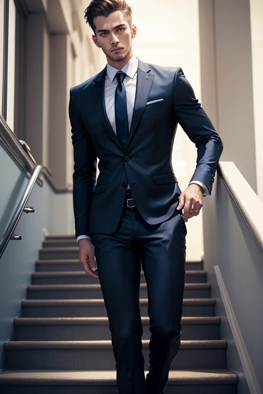 Man in suit and tie standing on stairs, corporate boss,wearing a business suit, wearing a business suit, wearing a suit and tie, Katzper Nikolchik, professional photos, artem, wearing a dark blue suit, handsome and elegant, Written by Roman Brook, wearing a strict suit, wearing a suit and tie, wearing a suit and a tie