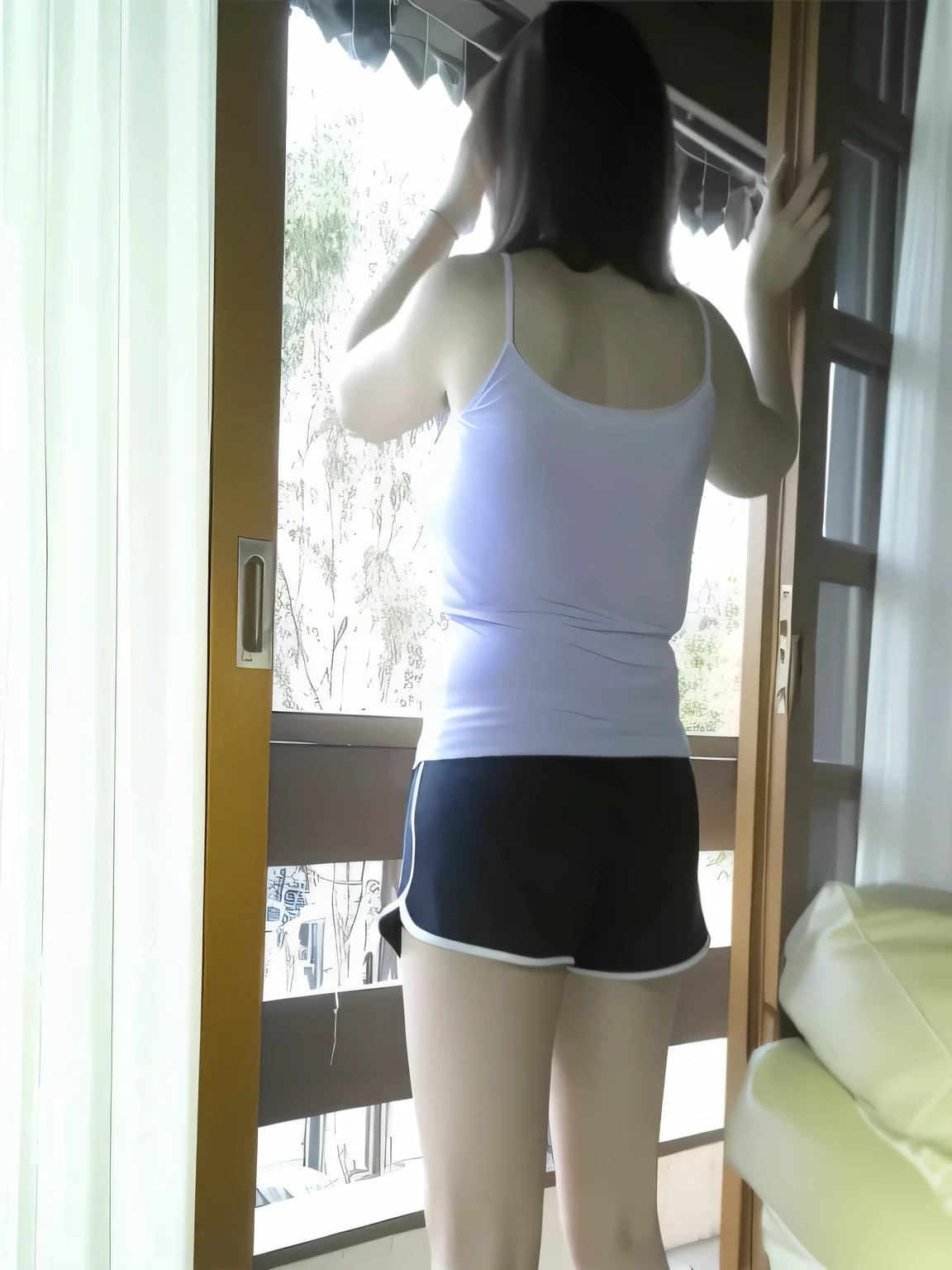 
there is a woman standing on a balcony, in a room, in shorts, side photo, thighs!!!!!!, shot from the back, exposed thighs!!!, waist photo, wide shot of full body, photo taken from behind, fit photo, plump thighs, in good physical shape, fitness, high quality photo, high resolution, masterpiece, 8k.
