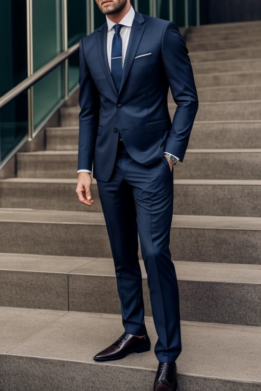 Man in suit and tie standing on stairs, corporate boss,wearing a business suit, wearing a business suit, wearing a suit and tie, Katzper Nikolchik, professional photos, artem, wearing a dark blue suit, handsome and elegant, Written by Roman Brook, wearing a strict suit, wearing a suit and tie, wearing a suit and a tie