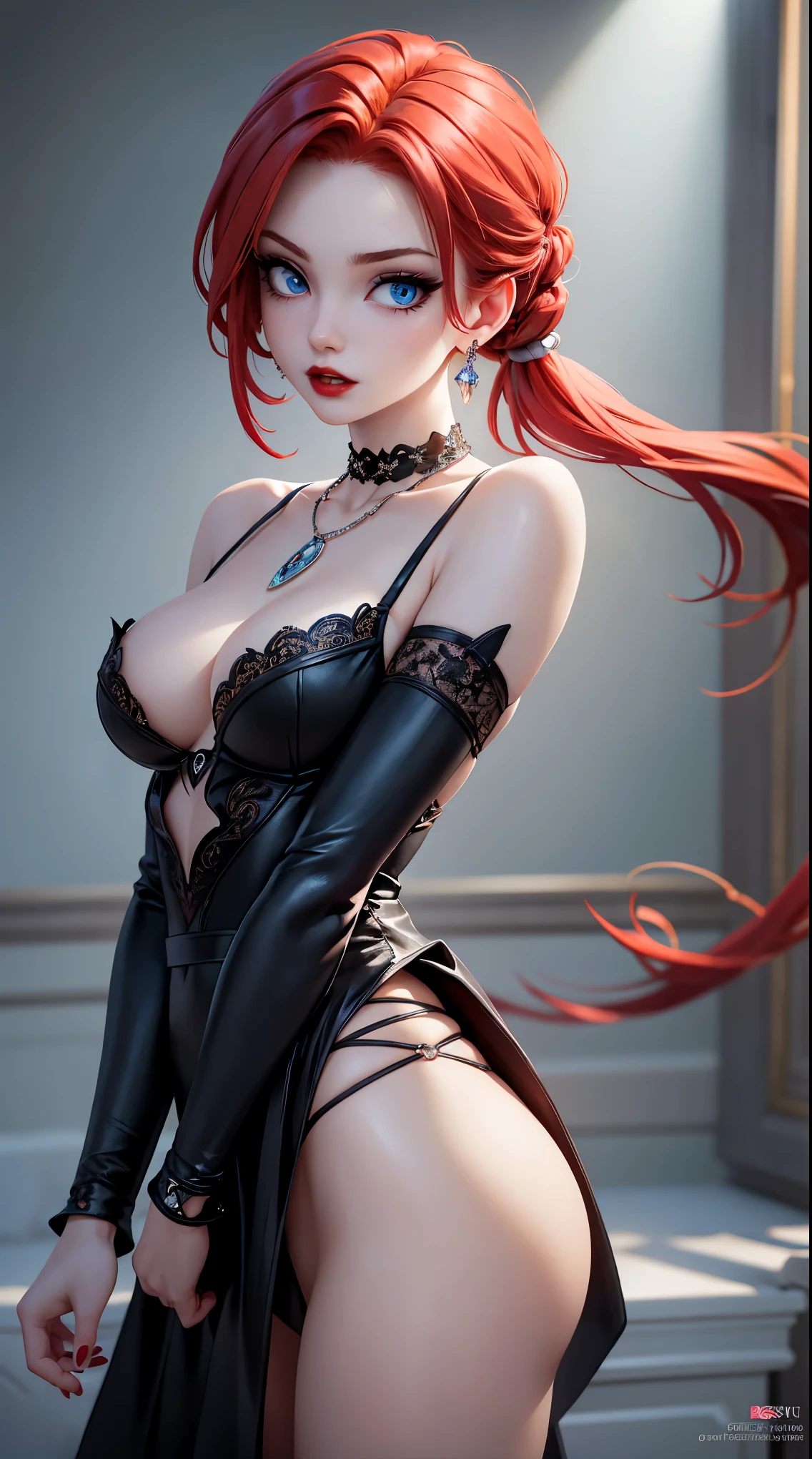 1 beautiful woman, 20 years old, long red hair (tied), pale white skin (very detailed), bright blue eyes (vampire eyes), perfect body, perfect abdomen, perfectly round butt, makeup, red lips, earrings, necklace, choker, bracelets, accessories, gothic clothing, neckline, detailed light, illustration, depth of field (best quality), (background blur: 0.6), beautiful and soft lighting, (front light: 1.5), (resolution ultra high, best quality), (8k), best quality, masterpiece), best quality, masterpiece, illustration, official art, incredibly fine details, extremely delicate and beautiful, extremely detailed, highly detailed, sharp focus, rich background, (real person, photograph), ((highly detailed skin)),