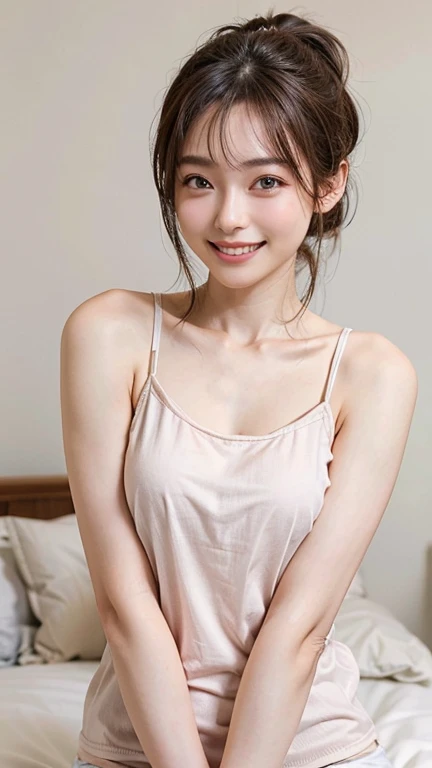 highest quality, masterpiece, ultra high resolution, (realistic:1.4), 20-year-old,1 girl,super high quality,8K,thin waist,thin legs,薄い and beautiful arms,beautiful fingers,((Super realistic image quality)),(no makeup),(light makeup),Medium chest,soft chest,(((Thin, short, tight camisole))、((low rise))),The camisole is short、 ,,beautiful breasts,((Shoulder-length ponytail)),,realistic,picture media chest)),((toothy smile)),((big smile))、bedroom、(Lie)