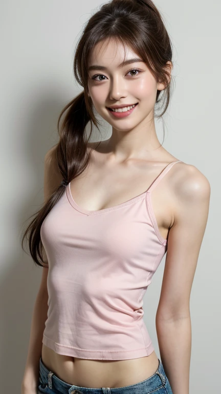 highest quality, masterpiece, ultra high resolution, (realistic:1.4), 20-year-old,1 girl,super high quality,8K,thin waist,thin legs,薄い and beautiful arms,beautiful fingers,((Super realistic image quality)),(no makeup),(light makeup),Medium chest,soft chest,(((Thin, short, tight camisole))、((low rise))),The camisole is short、 ,,beautiful breasts,((Shoulder-length ponytail)),,realistic,picture media chest)),((toothy smile)),((big smile))、bedroom、(Lie)