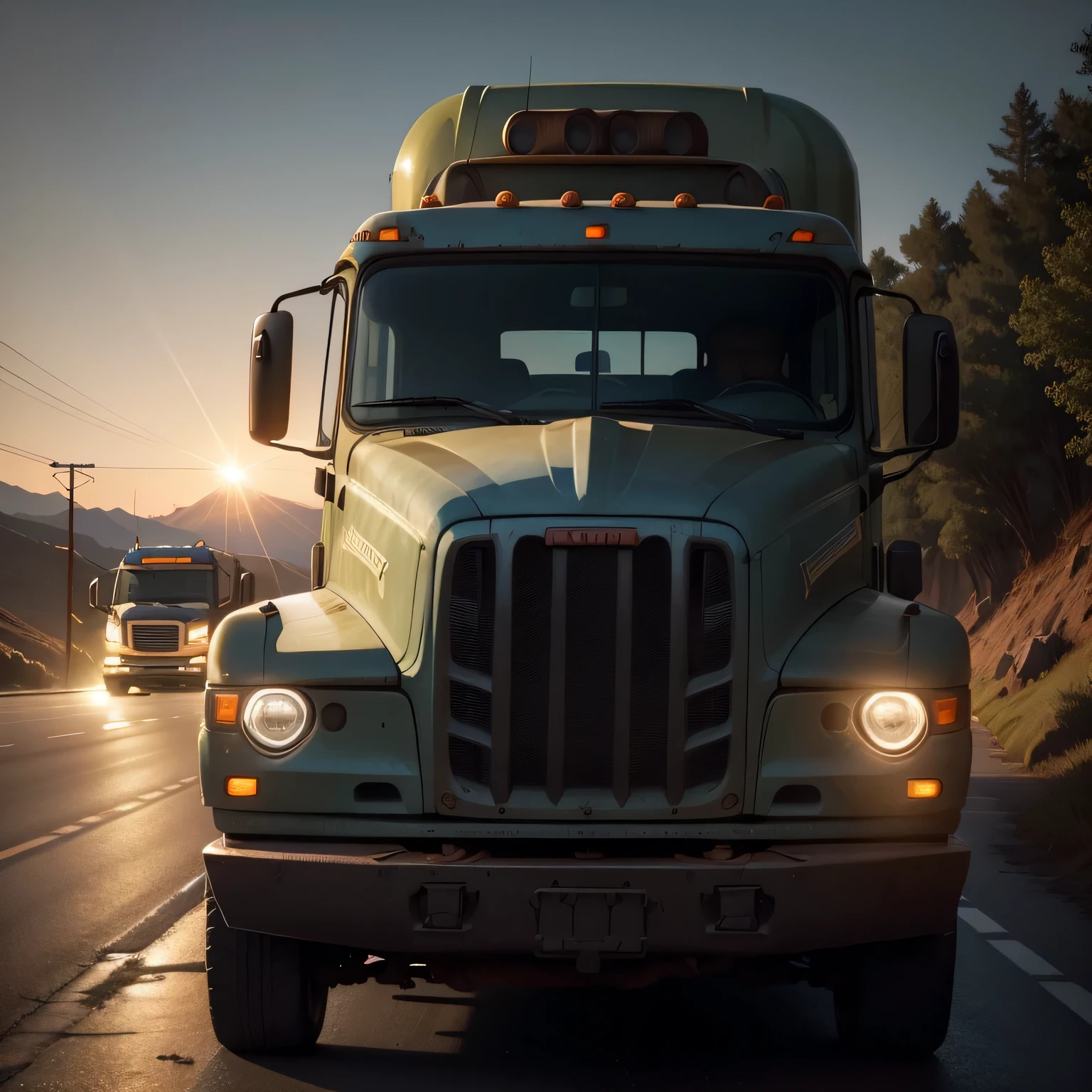 A sturdy truck rumbles along the winding road, its headlights cutting through the gloom of the night, casting long shadows on the asphalt. The cab is filled with the comforting hum of the engine, while outside, the sound of grinding gearsand crunching gravelecho in the silence. The driver's face is illuminated by the dashboard, his eyes fixed on the road ahead, a determined look etched on his weathered features. The truck's bed is empty, save for the occasional flicker of taillights in the rearview mirror, signaling the passage of other vehicles on the lonely stretch of road. The moon casts an ethereal glow on the