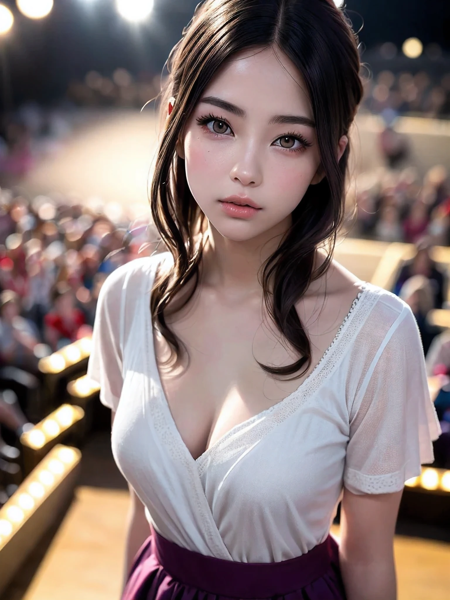 White base with purple-red fluttering costume、tulle skirt、28 years old、rorish, perform on stage, concert photos, cute core、(((watching the audience)))、23 years old、Mei Nagano、shooting from above、(Natural and detailed face standing、beautiful and detailed eyes、beautiful and dense lips、very detailed eyes、detailed face、long eyelashes)(8K resolution)、High resolution、masterpiece:1.2 )、Super detailed、(real、photorealistic、photorealistic: 1.37)、bob hair、belle delphine、dress、8K、fantastic lighting、bright colors、standing position