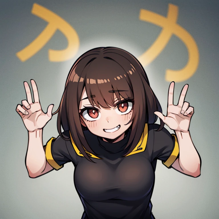 girl squatting、toned abdominal muscles、smile、highest quality、become familiar with、alone、short top、mini skirt,peace sign、bob cut、brown hair、shiny skin