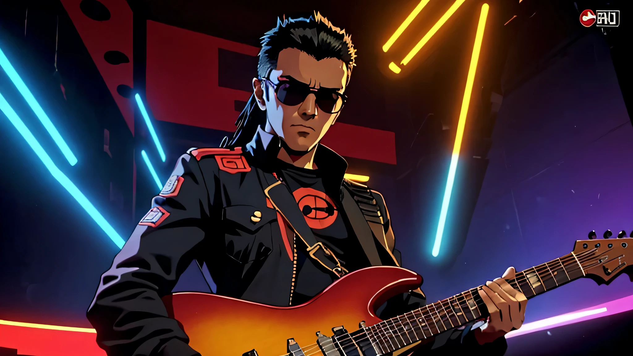 Draw a scene in high definition anime style (Full HD) which depicts a character with black Mohican-style hair playing a red electric guitar in a style similar to the game "Guitar Hero". O personagem, wearing sunglasses, must be in a dynamic and exciting pose, with your eyes focused on the screen in front of you. The surrounding scenery should be vibrant and full of energy, with flashy visual effects to represent the intensity of the music. The character must be immersed in the music, displaying expressions of concentration and emotion while mastering the notes. Os espectadores, se houver, podem ser mostrados brevemente nas laterais, reacting to the performance with enthusiasm. The overall atmosphere should convey the excitement and fun of the moment, com um fundo que remeta ao estilo cyberpunk, com elementos futuristas e neon destacados.
